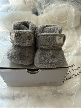 UGG Grey Plush Baby Booties with Ankle Strap